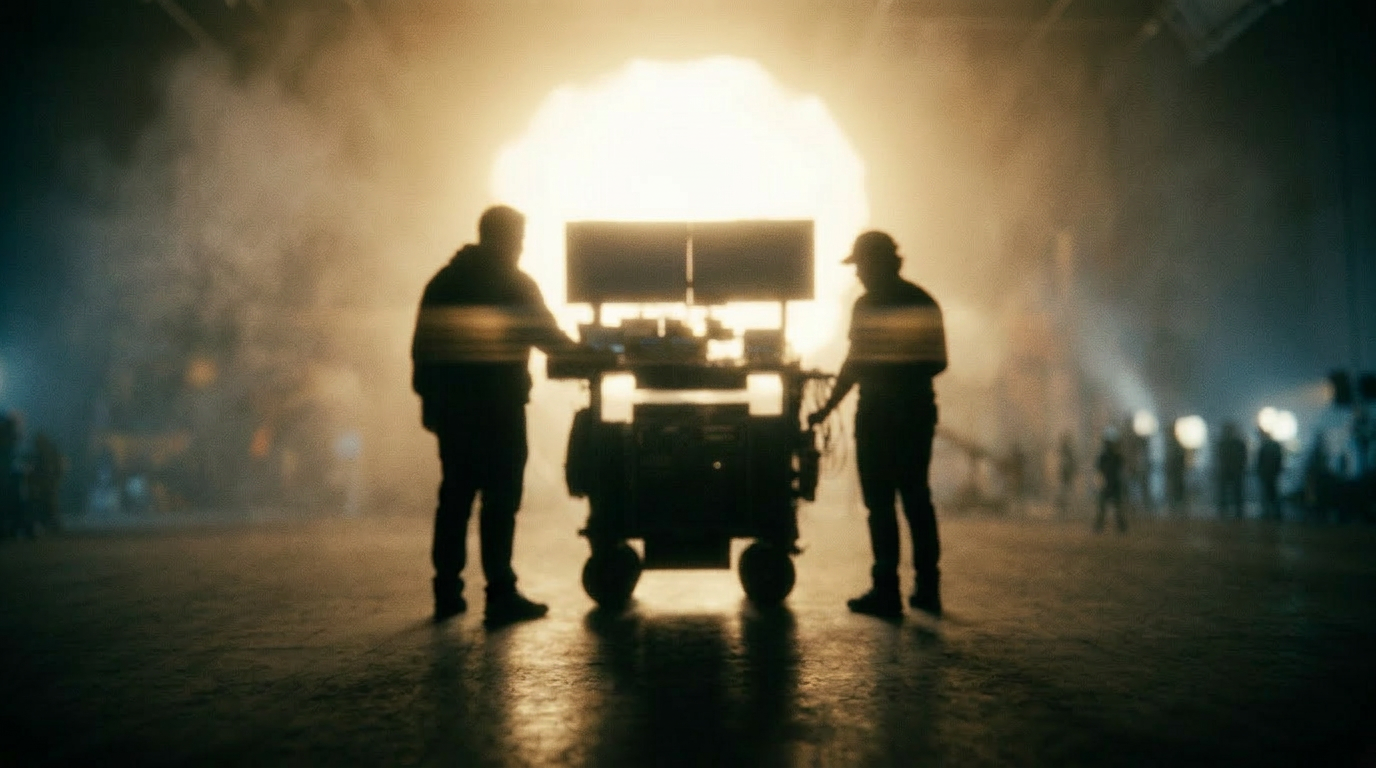 DIT cart on a film set at dusk
